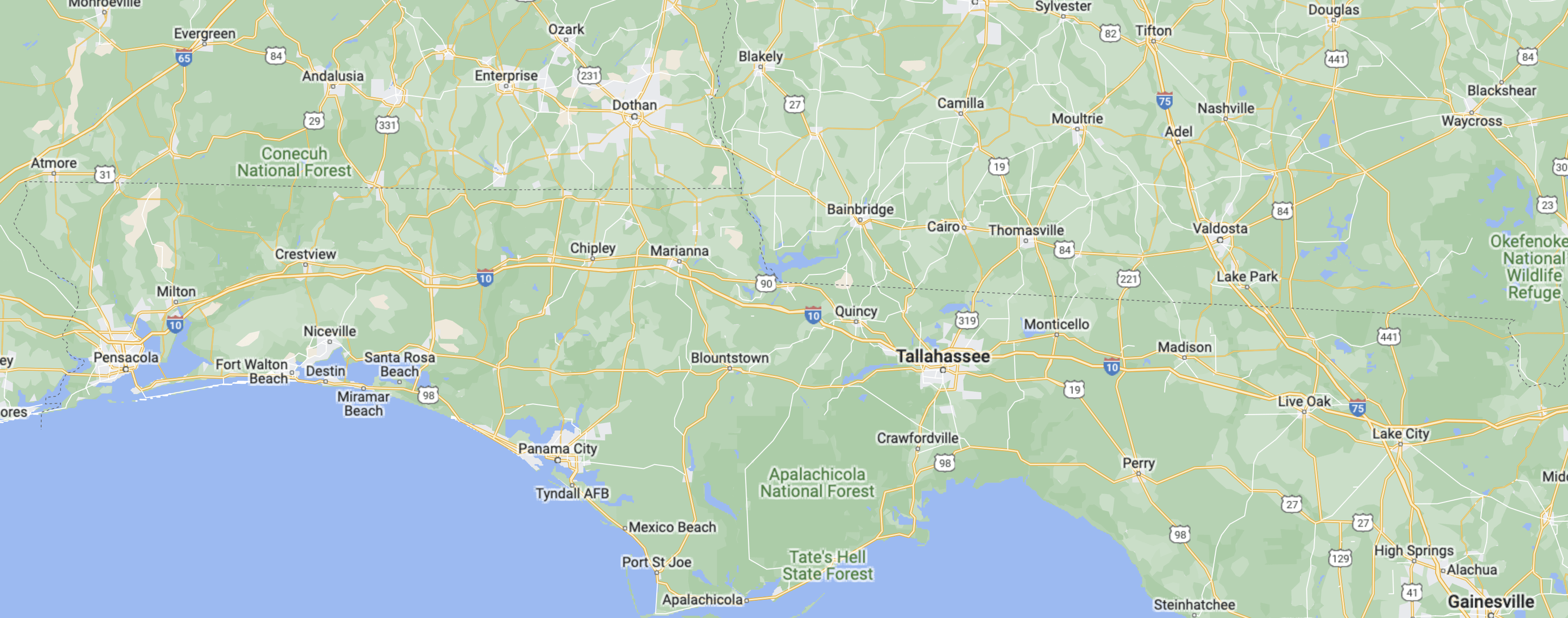 A map of the state of florida with all its towns.